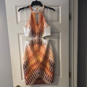 NWOT,Guess Orange and White Halter-Style Bodycon Dress